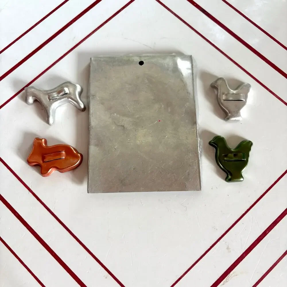 Vintage Child's Cooky Bake Pan Aluminum Toy Baking Set 4 Cookie Cutters